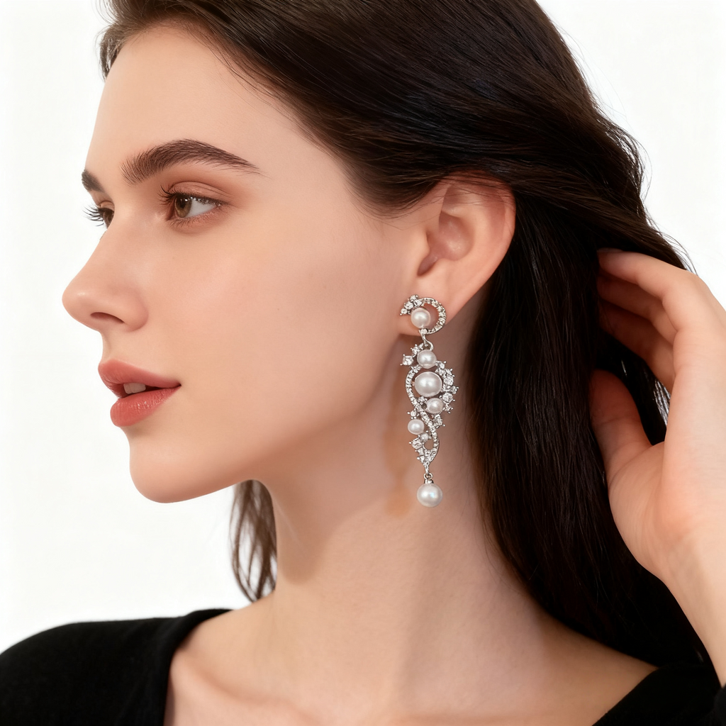Diamond Tassel Pearl Earrings