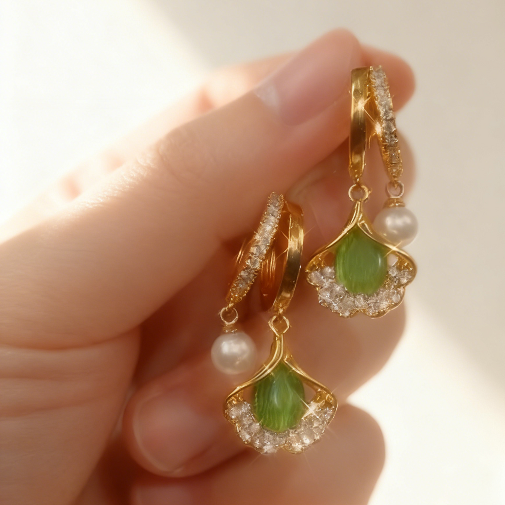Ginkgo Leaf Green Agate & Pearl Double-Layer Earrings