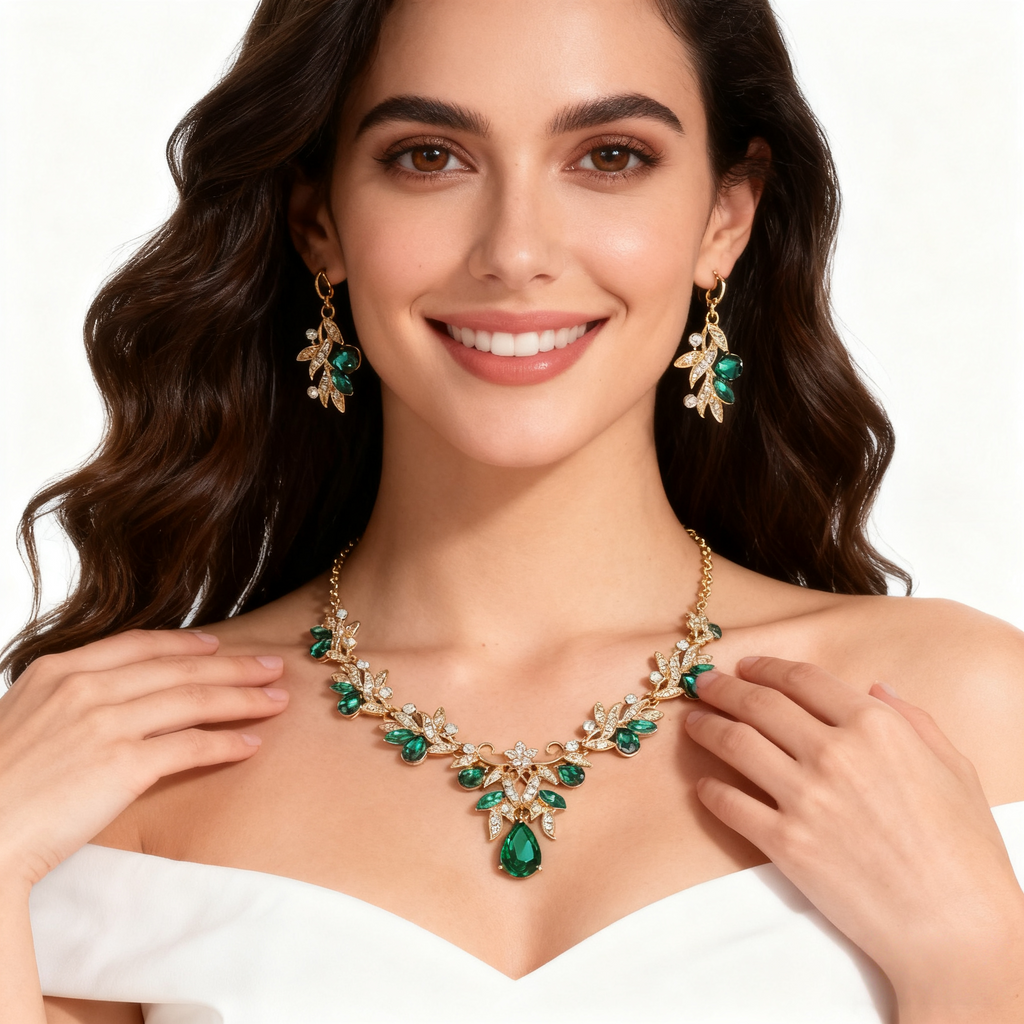 Green Crystal Leaf & Diamond Necklace & Earring Set