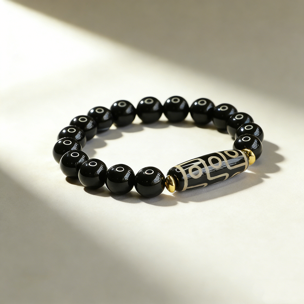 Nine-Eye Dzi Bead Black Agate Bracelet