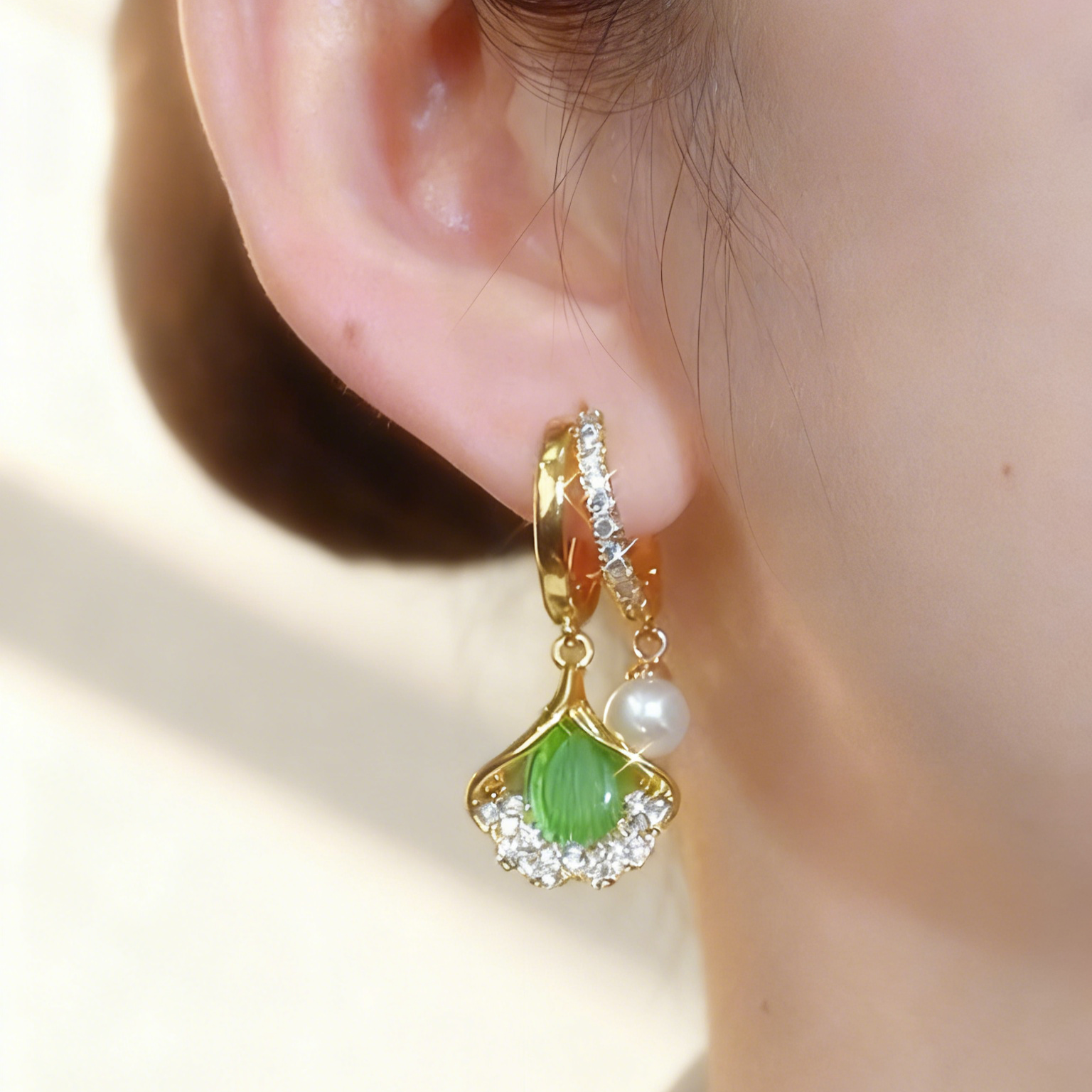Ginkgo Leaf Green Agate & Pearl Double-Layer Earrings