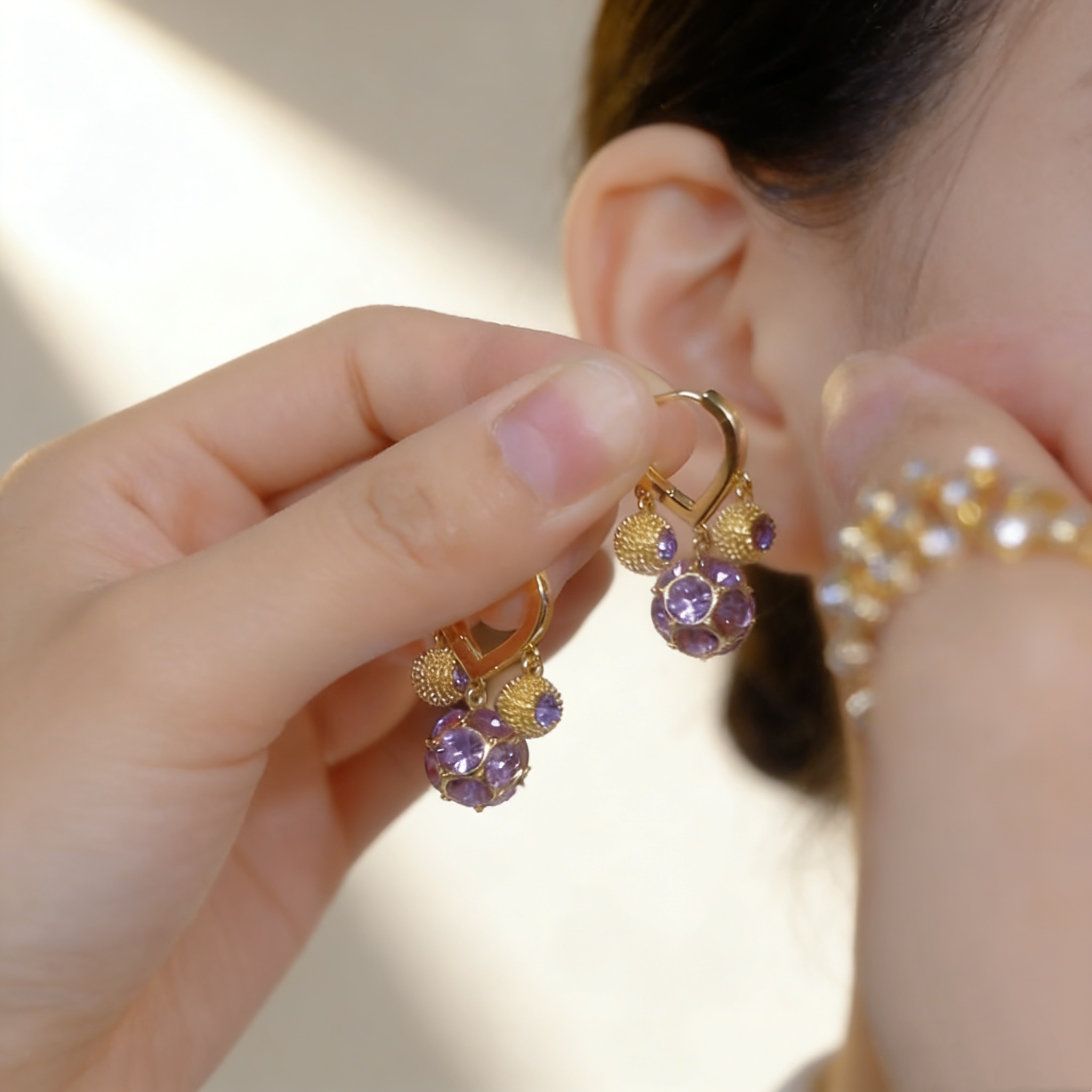 Purple Gemstone Ball Earrings
