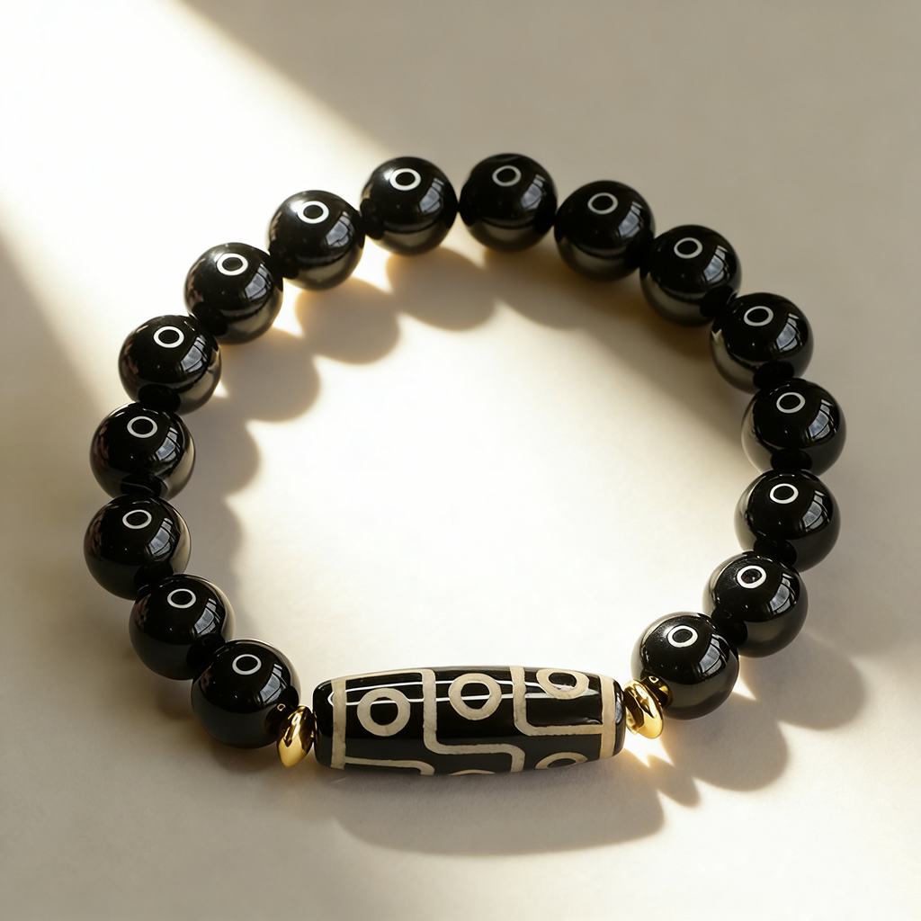 Nine-Eye Dzi Bead Black Agate Bracelet