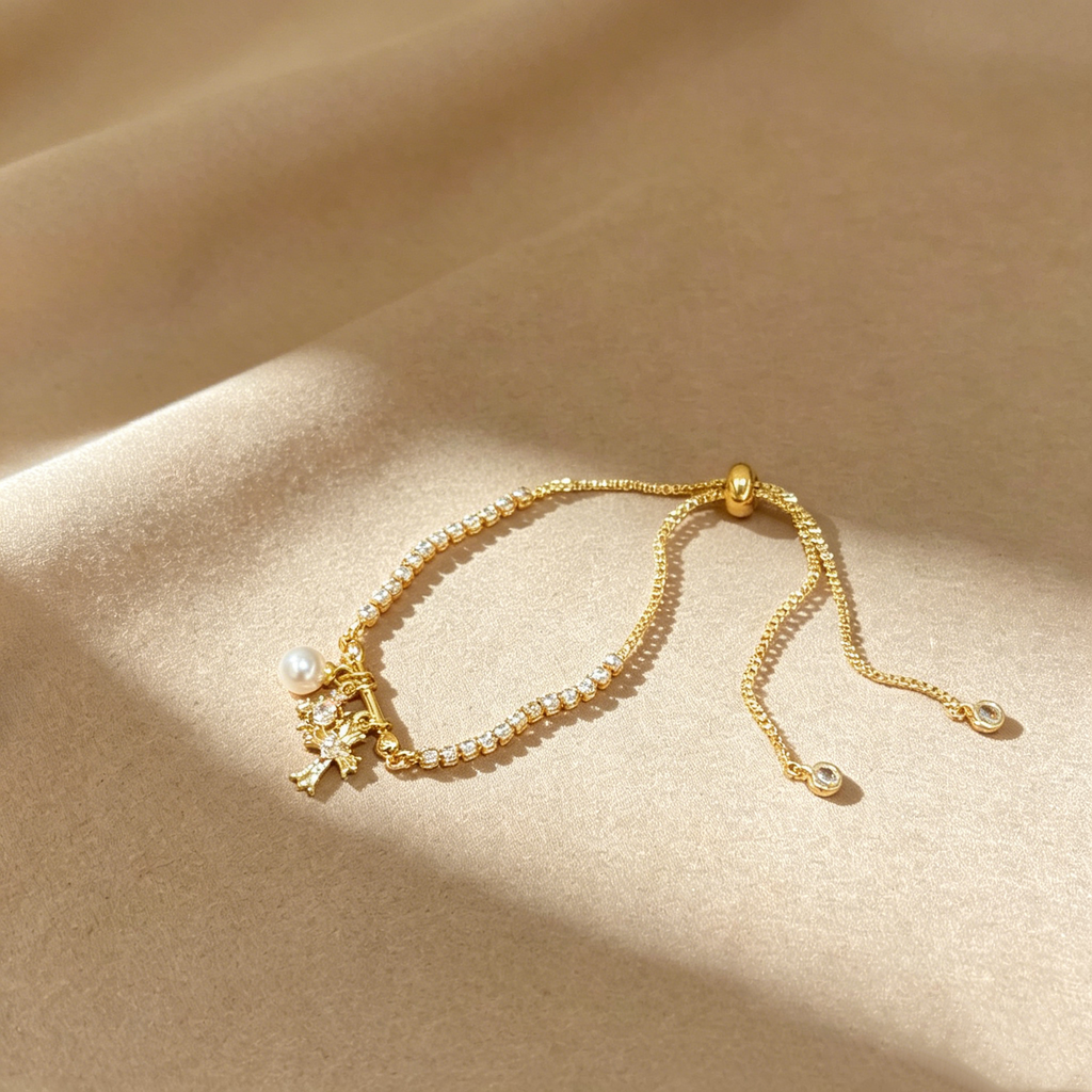 Cross & Pearl Moissanite Bracelet Set