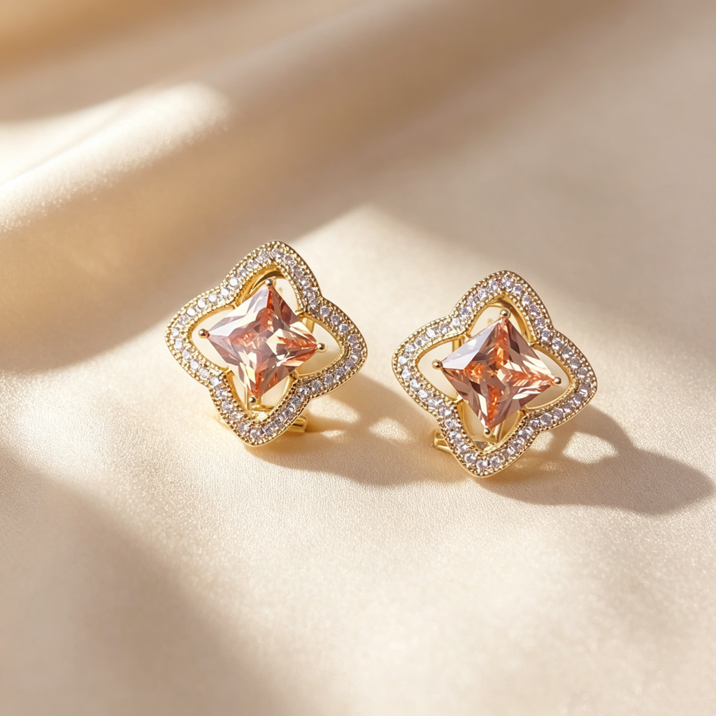 Elegant Four-Leaf Clover Pavé Square Earrings