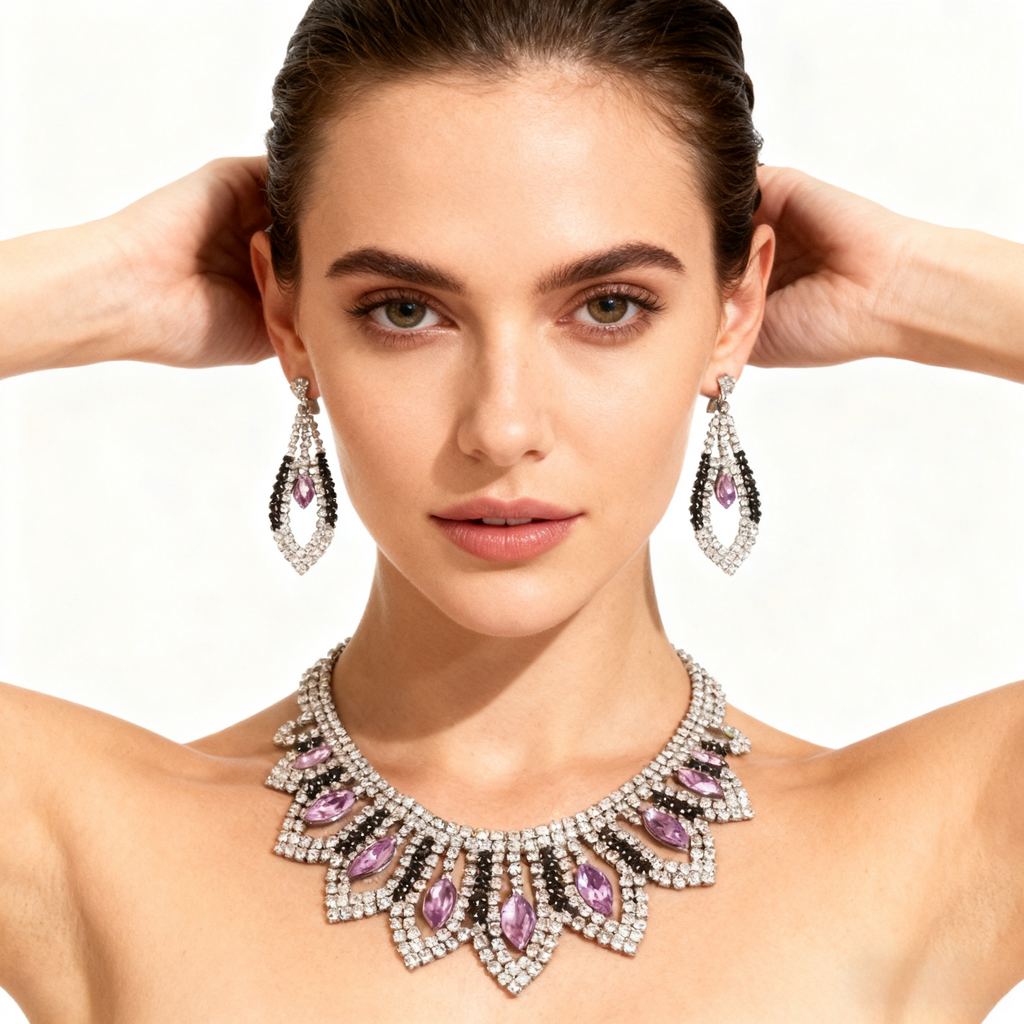 Amethyst & Diamond Tassel Necklace & Earrings Set
