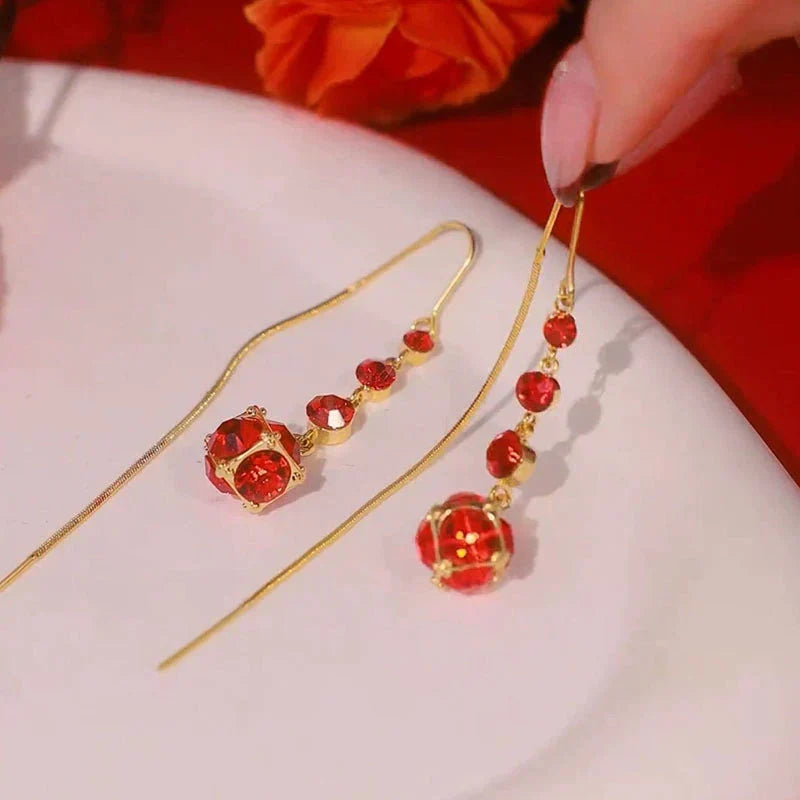 Natural red crystal tassel earrings