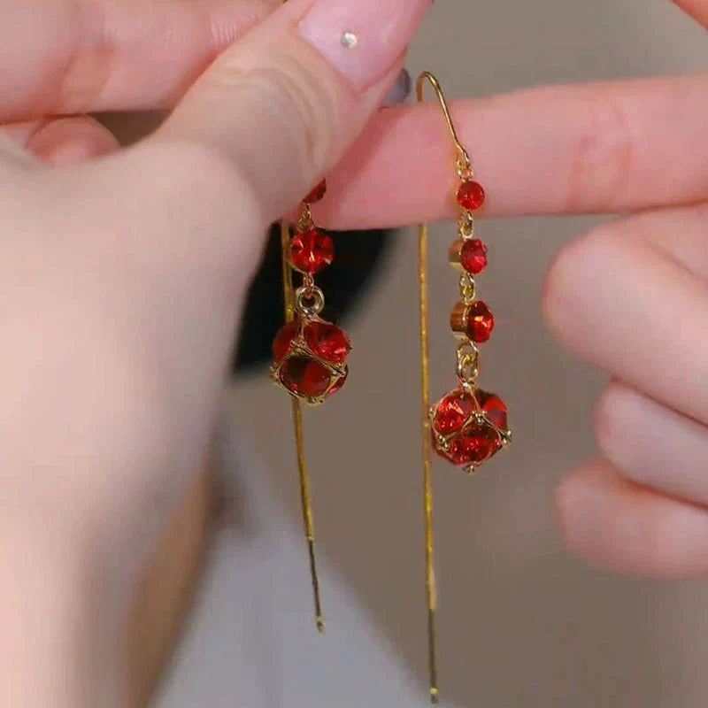 Natural red crystal tassel earrings