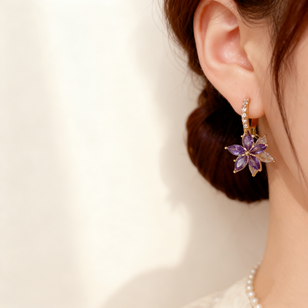 Amethyst & Diamond Flower Double-Layer Earrings