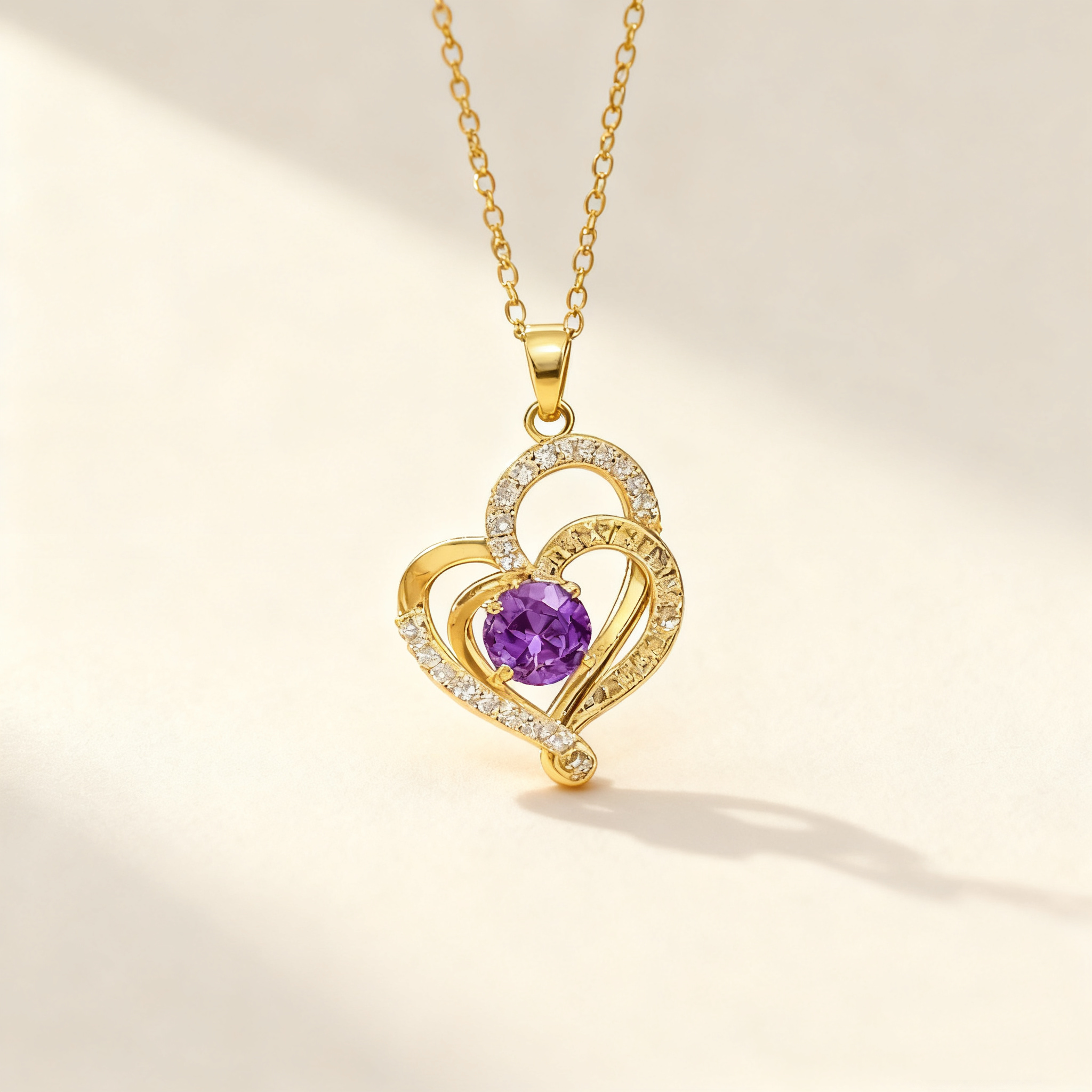 Double Heart Amethyst Pendant Necklace