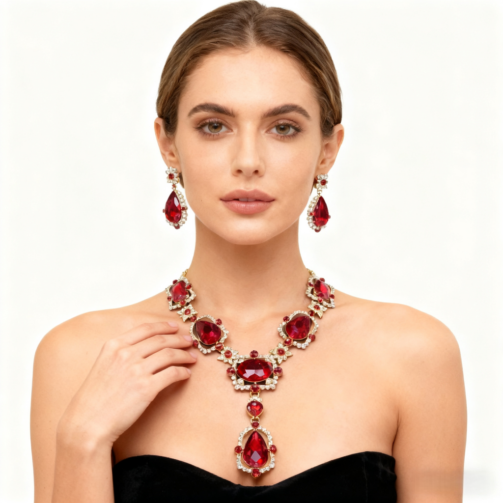 Red Crystal Diamond Necklace & Earring Set