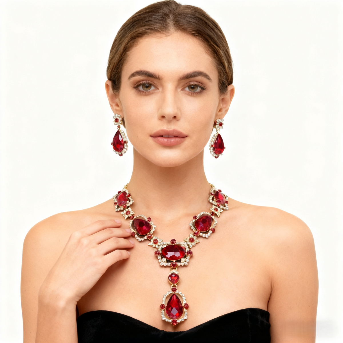 Red Crystal Diamond Necklace & Earring Set