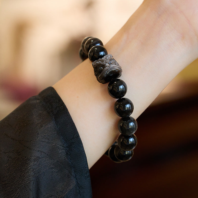Lucky Lion Natural Obsidian Bracelet