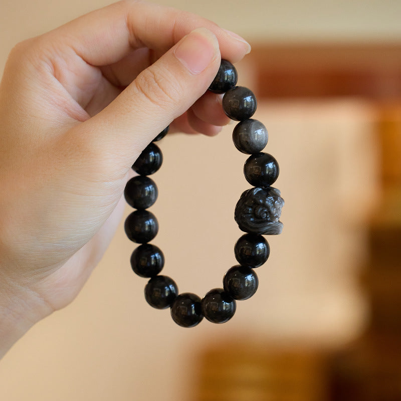 Lucky Lion Natural Obsidian Bracelet