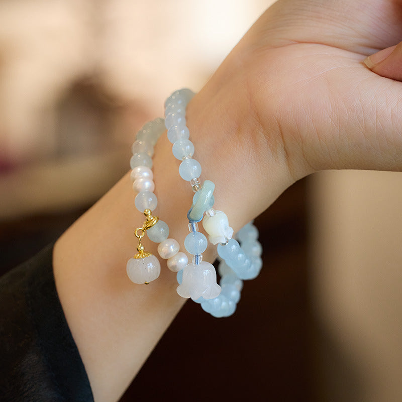 Lily of the Valley and Pumpkin Natural Emerald Jade Stone Bracelet