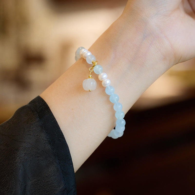 Lily of the Valley and Pumpkin Natural Emerald Jade Stone Bracelet