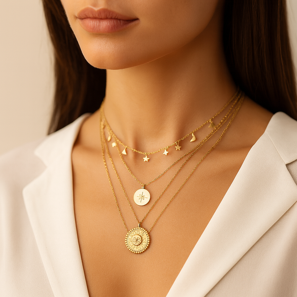 Sophie – A silver necklace with multiple layers and a modest pendant shape.
