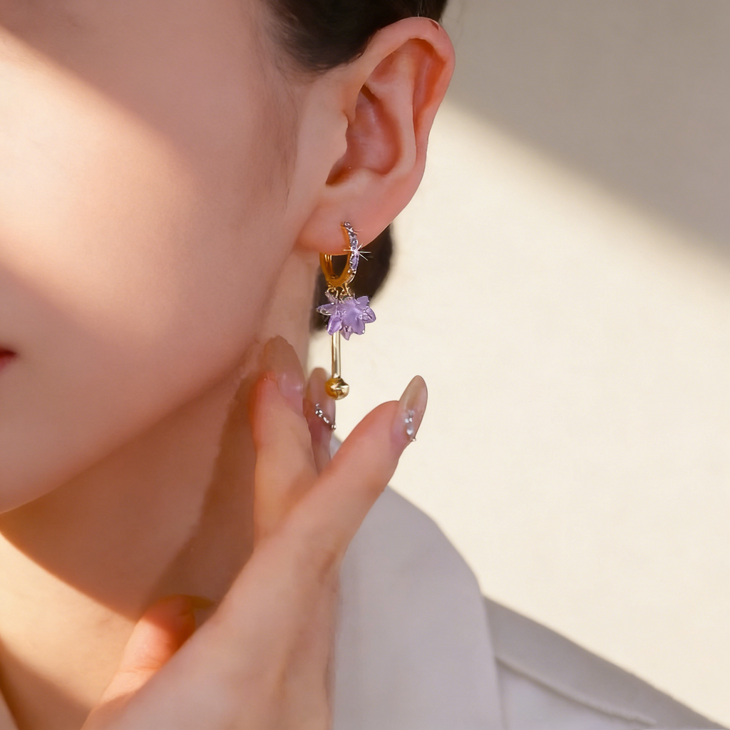 Purple Ice Flower Tassel Earrings