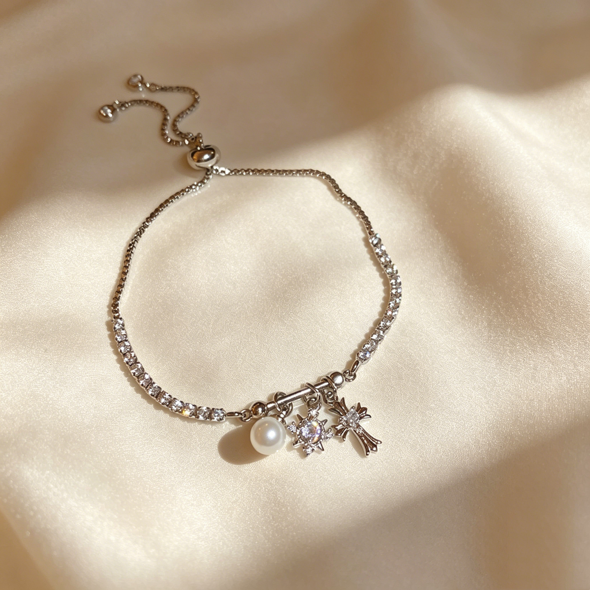 Cross & Pearl Moissanite Bracelet Set