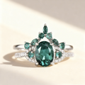 Oval-Cut Green Gemstone Crown Ring Set