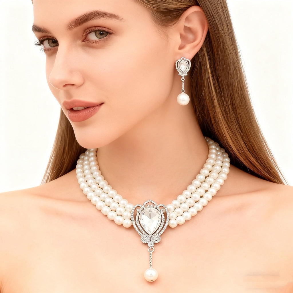 Three-Layer Pearl White Crystal Necklace & Earring Set