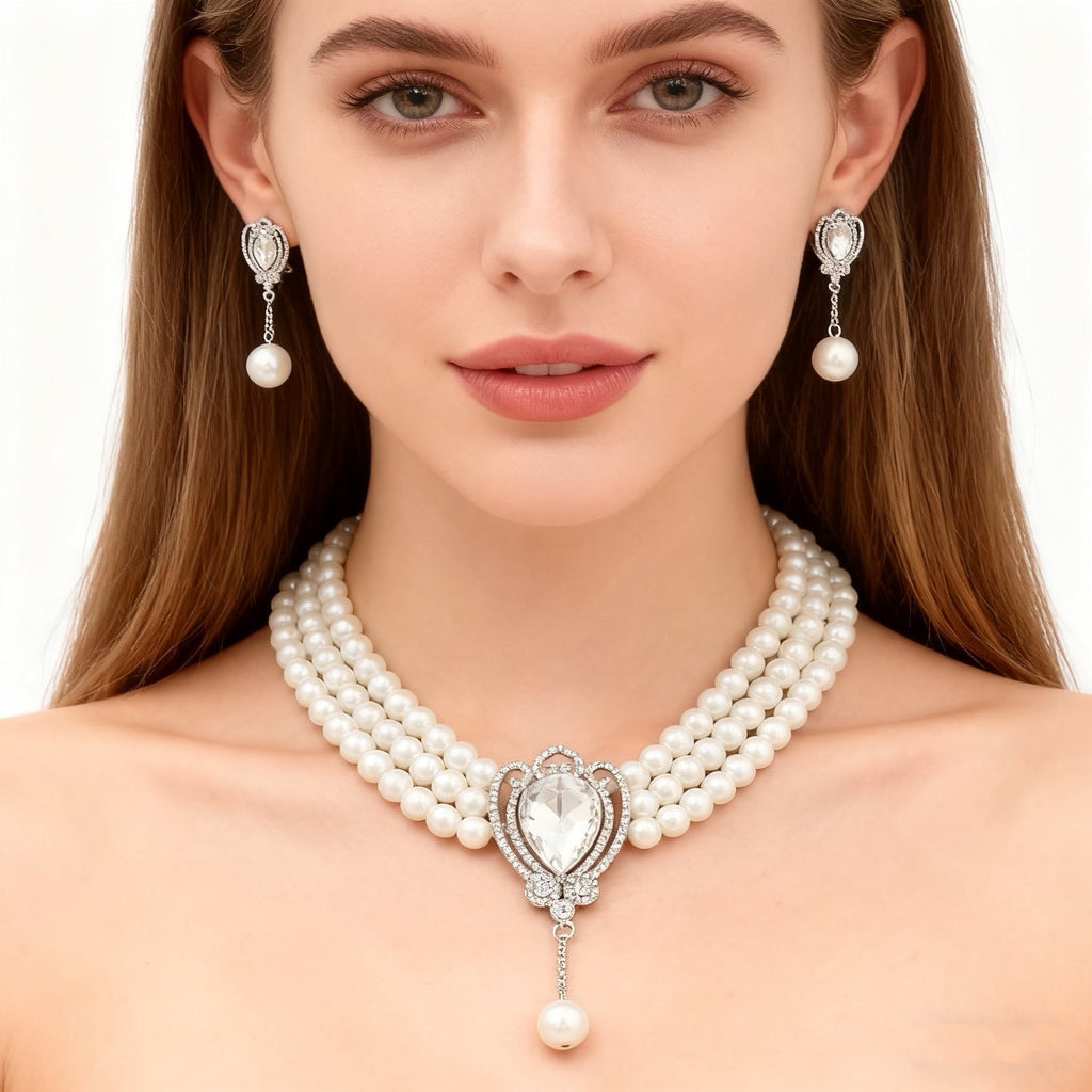 Three-Layer Pearl White Crystal Necklace & Earring Set