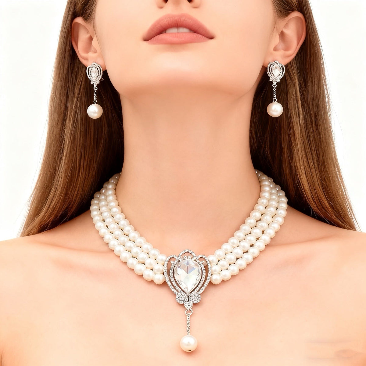 Three-Layer Pearl White Crystal Necklace & Earring Set