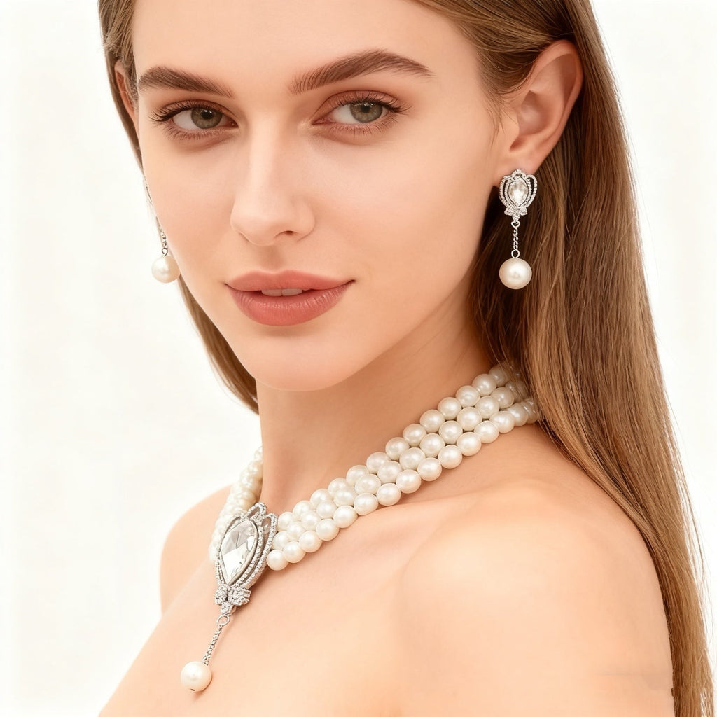 Three-Layer Pearl White Crystal Necklace & Earring Set