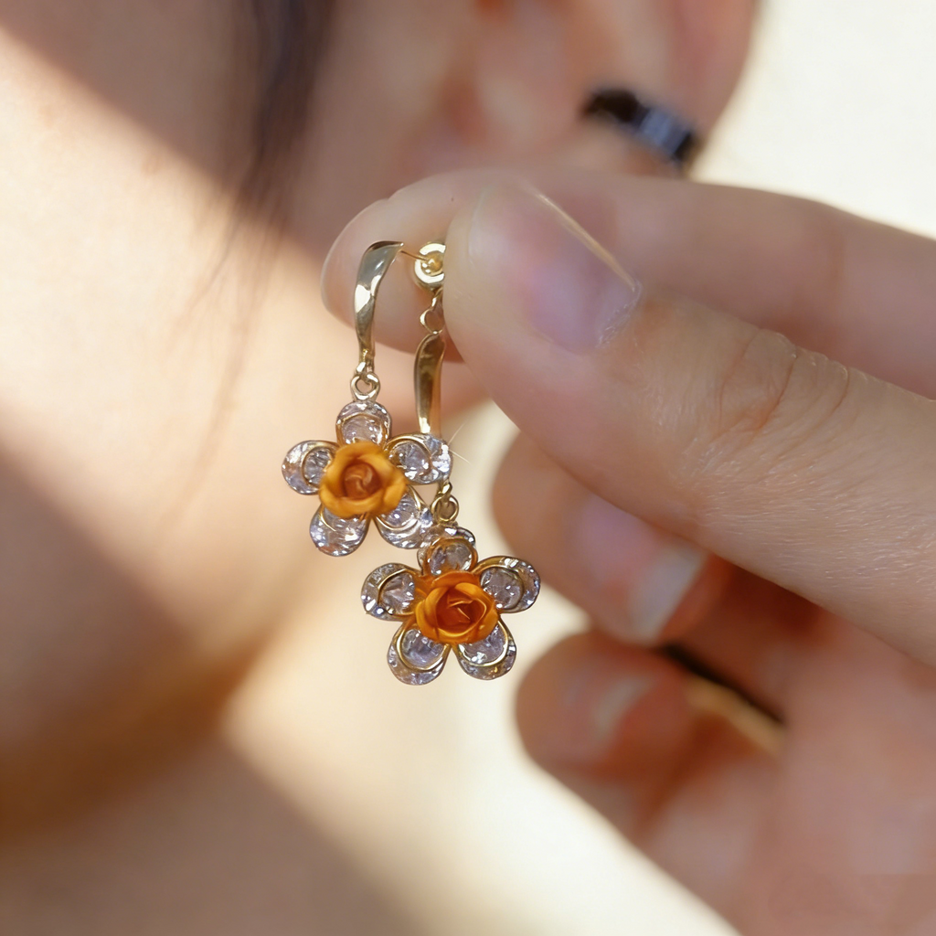 Orange Rose Double-Layer Blossom Earrings