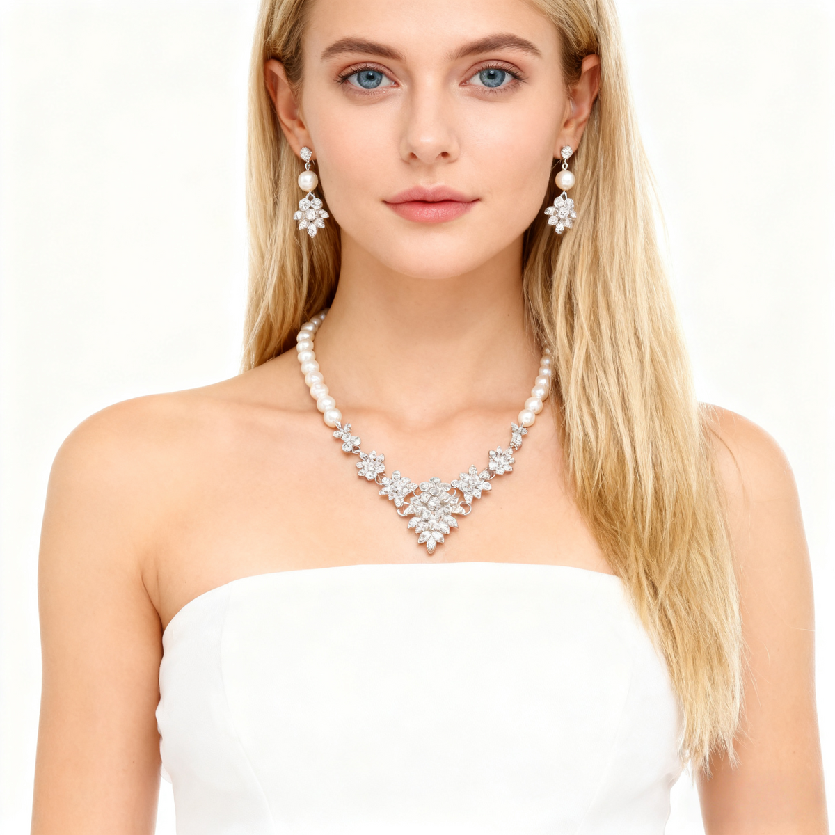 Cluster Diamond & Pearl Necklace & Earring Set