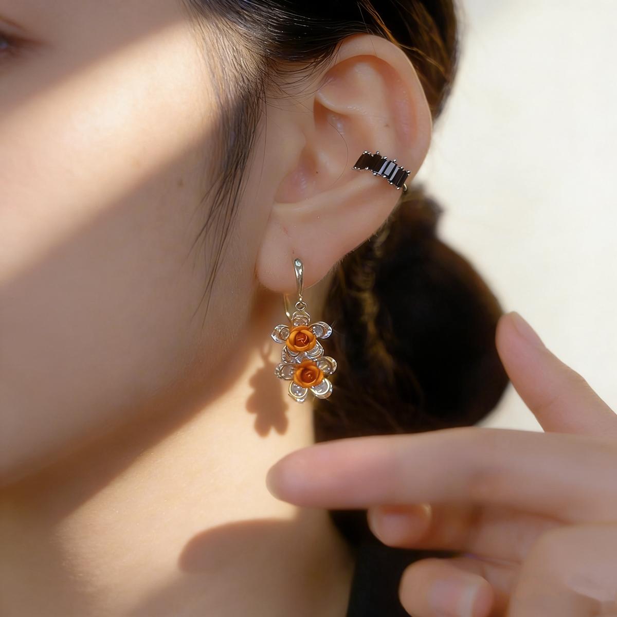 Orange Rose Double-Layer Blossom Earrings