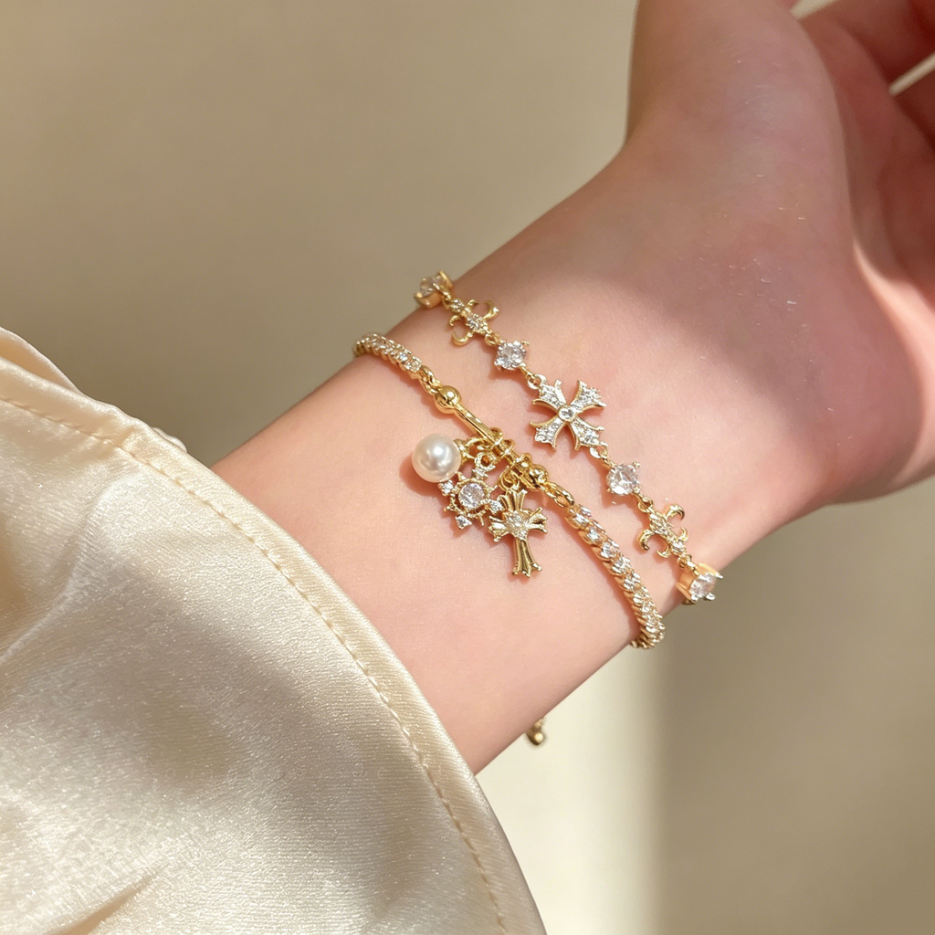 Cross & Pearl Moissanite Bracelet Set