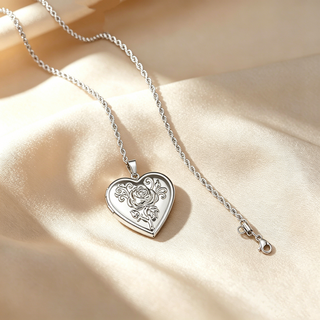 Rose Engraved Heart Locket Necklace