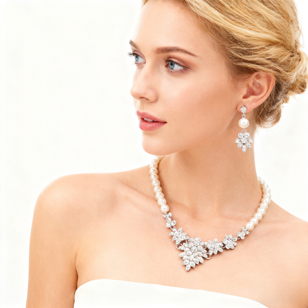 Cluster Diamond & Pearl Necklace & Earring Set