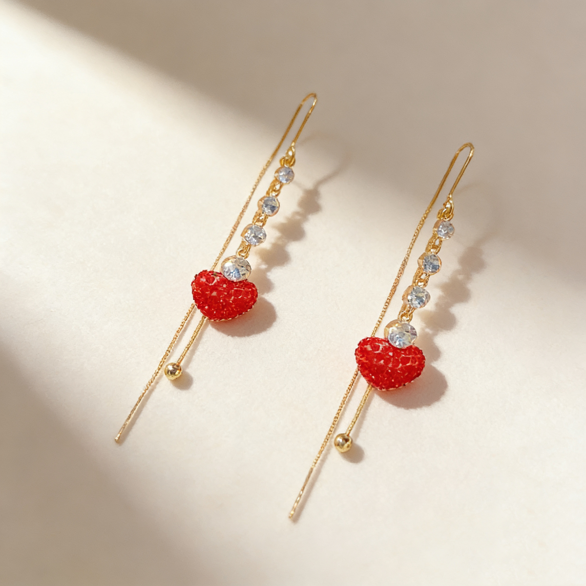 Red Heart Tassel Threader Earrings