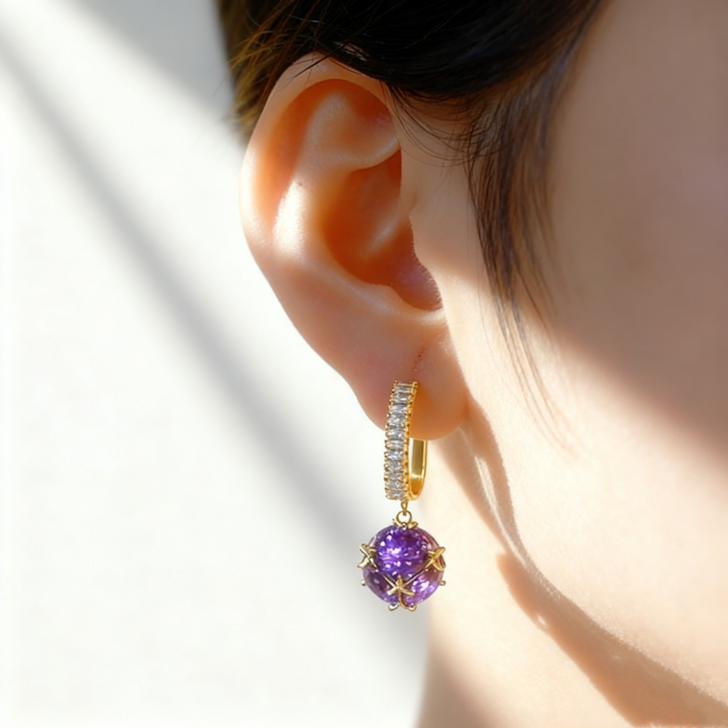 Purple Diamond Ball Earrings