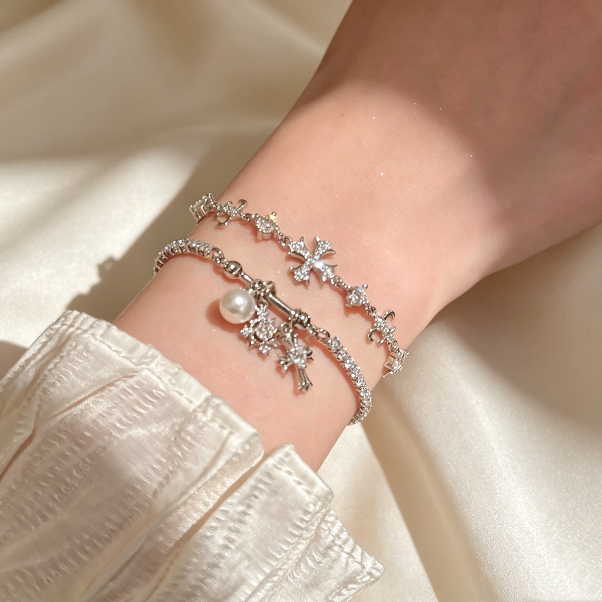 Cross & Pearl Moissanite Bracelet Set