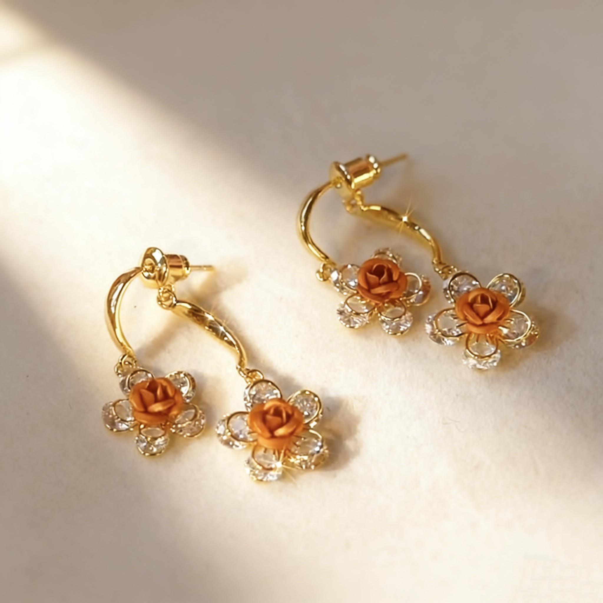 Orange Rose Double-Layer Blossom Earrings