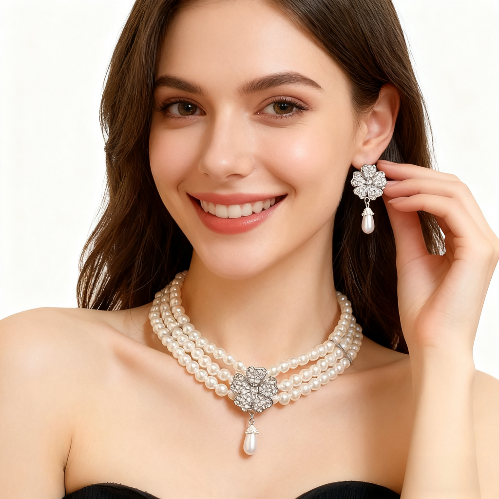 Diamond Flower Multi-Layer Pearl Necklace & Earring Set