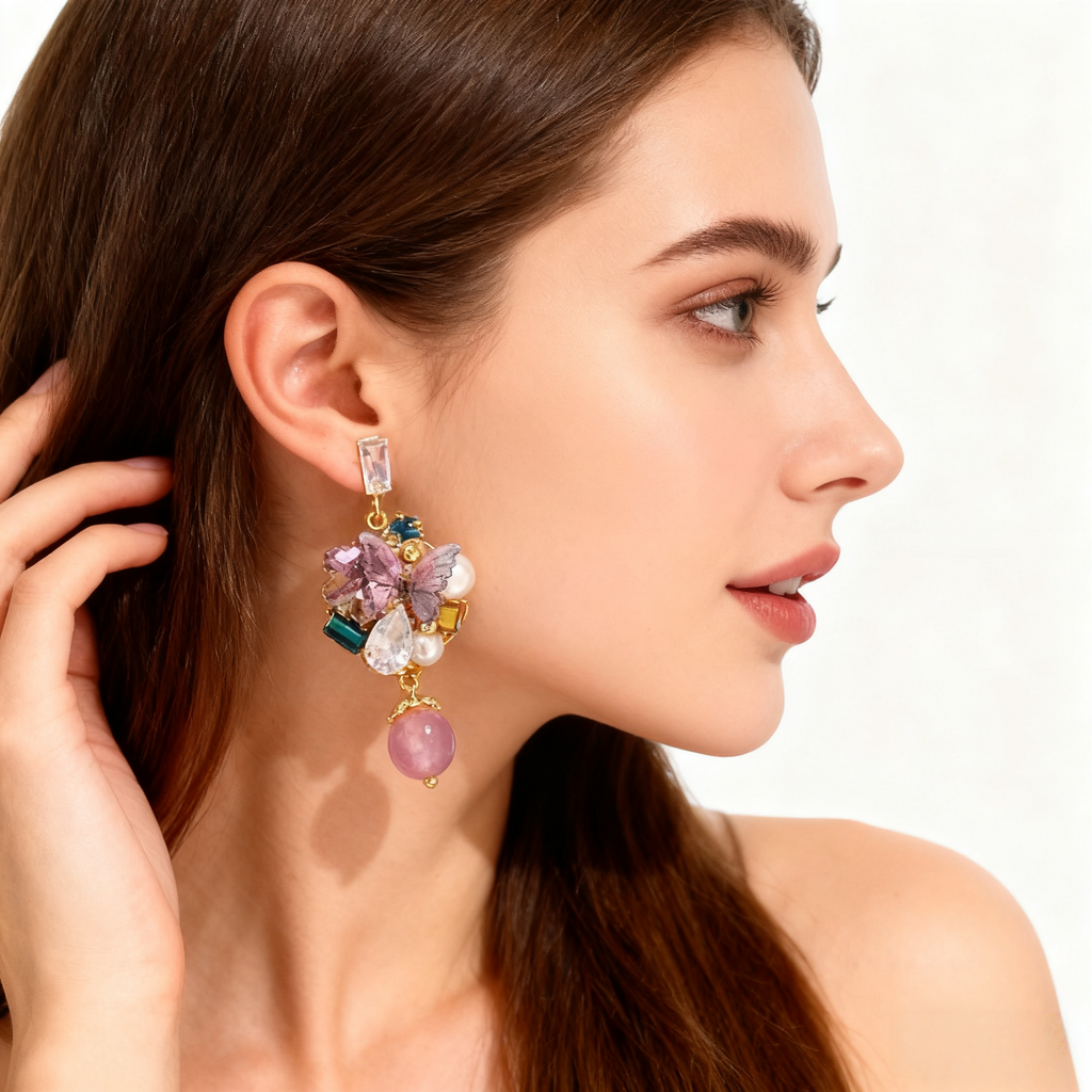 Amethyst Butterfly & Pearl Earrings