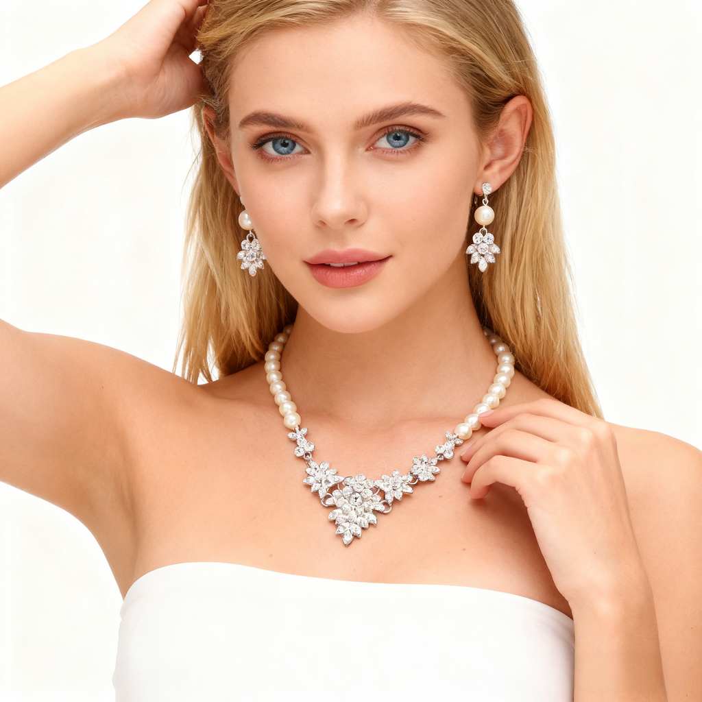 Cluster Diamond & Pearl Necklace & Earring Set