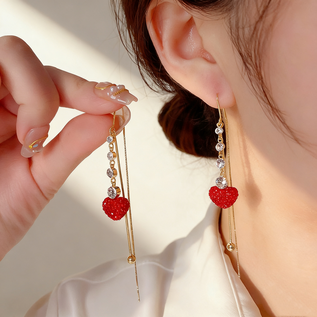 Red Heart Tassel Threader Earrings