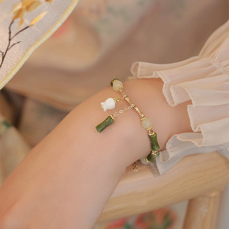 Bamboo Tassel Natural Emerald Jade Stone Bracelet