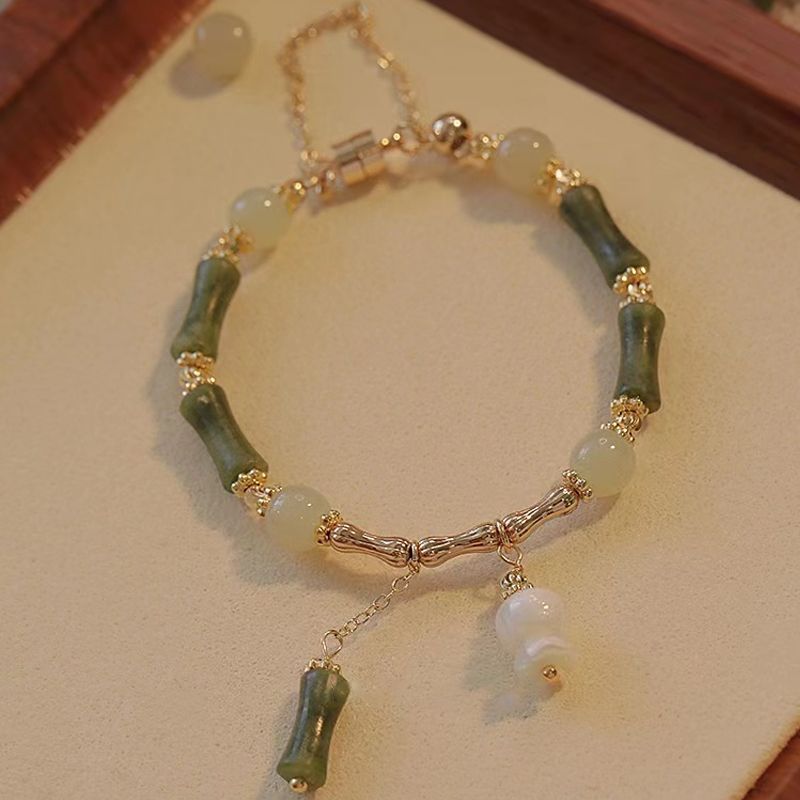 Bamboo Tassel Natural Emerald Jade Stone Bracelet