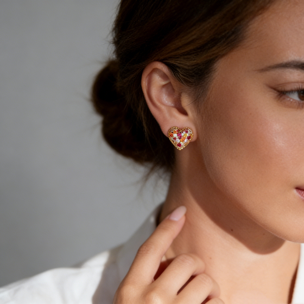 Multicolor Crystal Heart Stud Earrings & Necklace Set