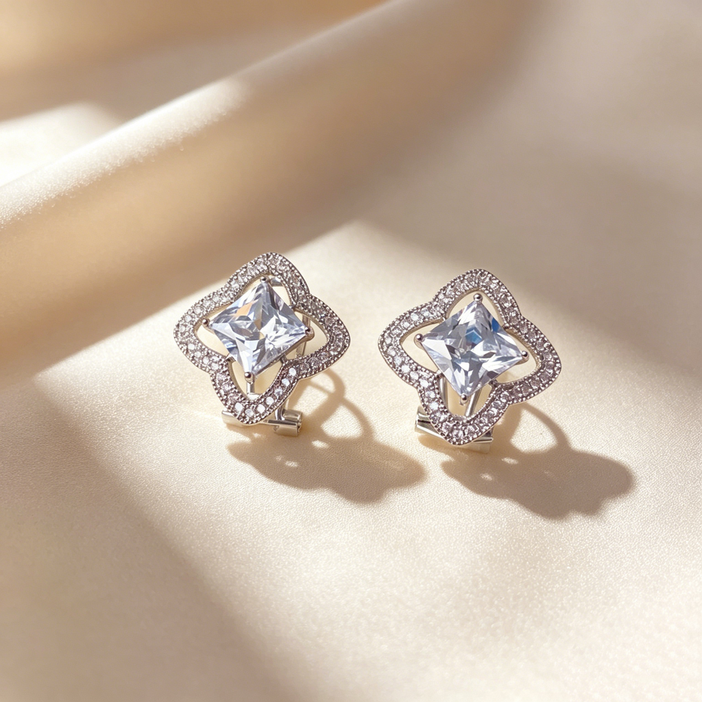 Elegant Four-Leaf Clover Pavé Square Earrings