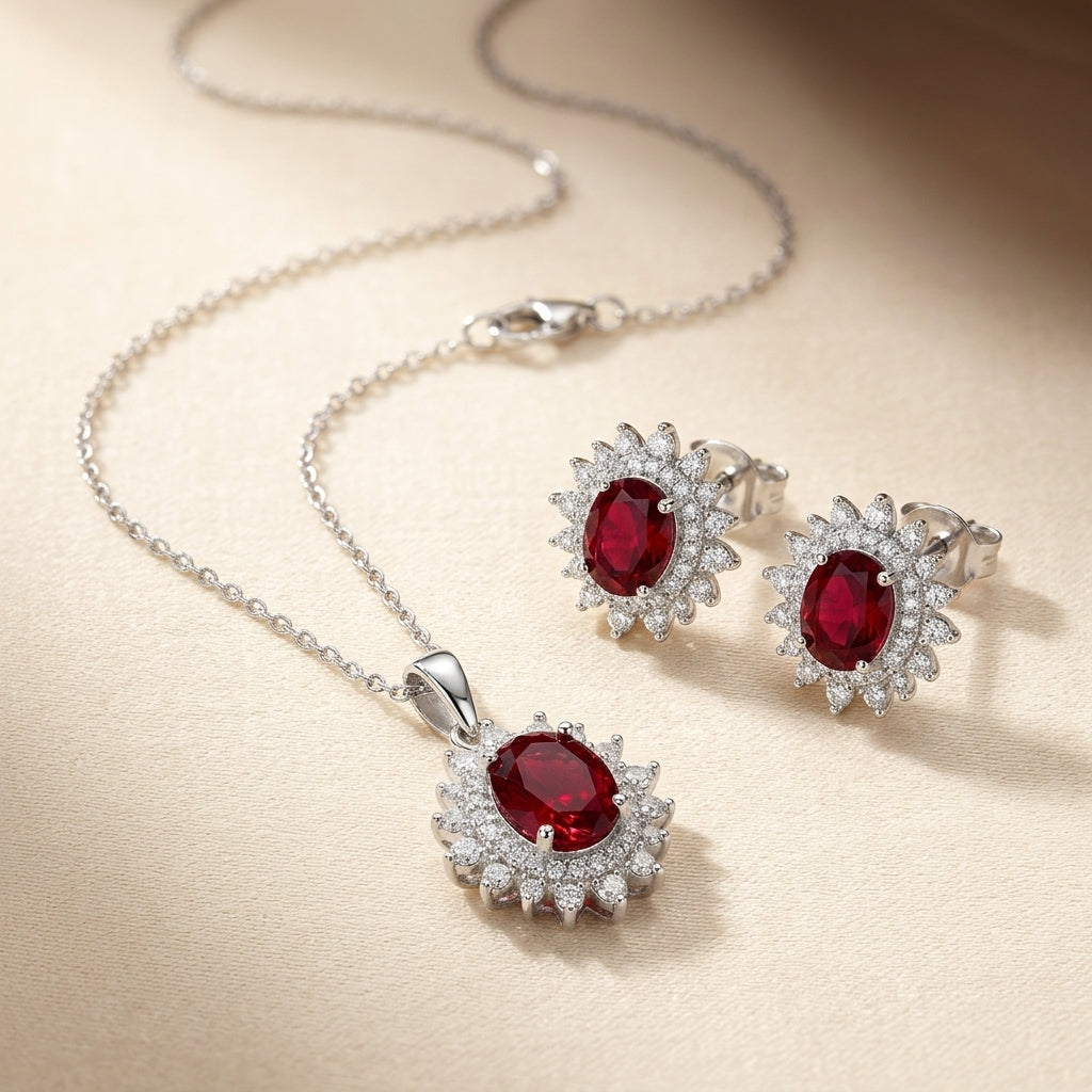 Silver Ruby Floral Jewelry Set