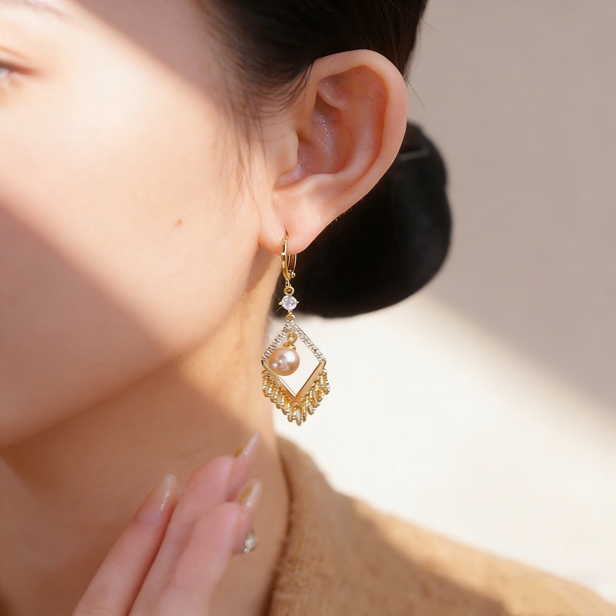 Pearl Geometric Tassel Earrings