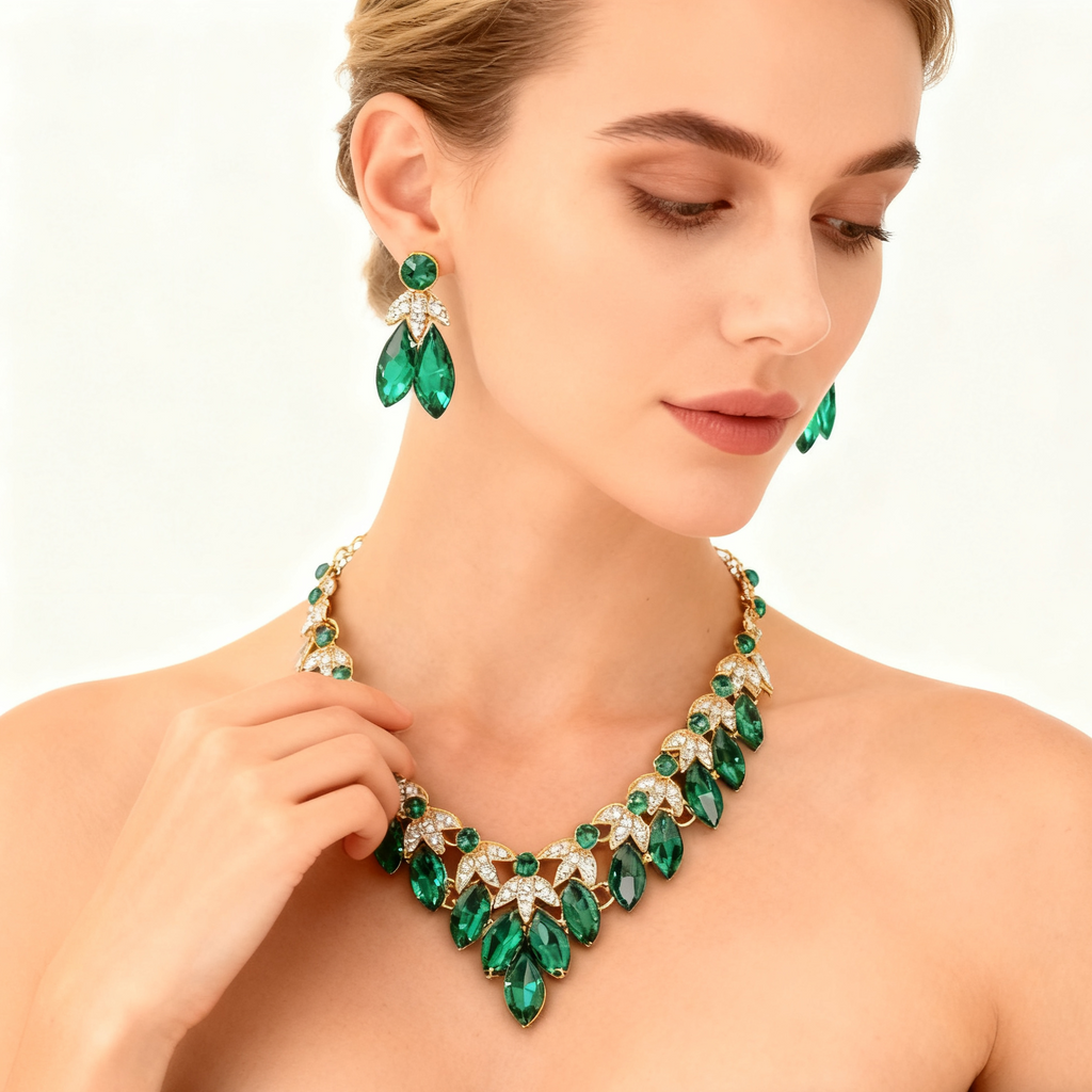 Crystal Leaf Necklace & Earrings Set
