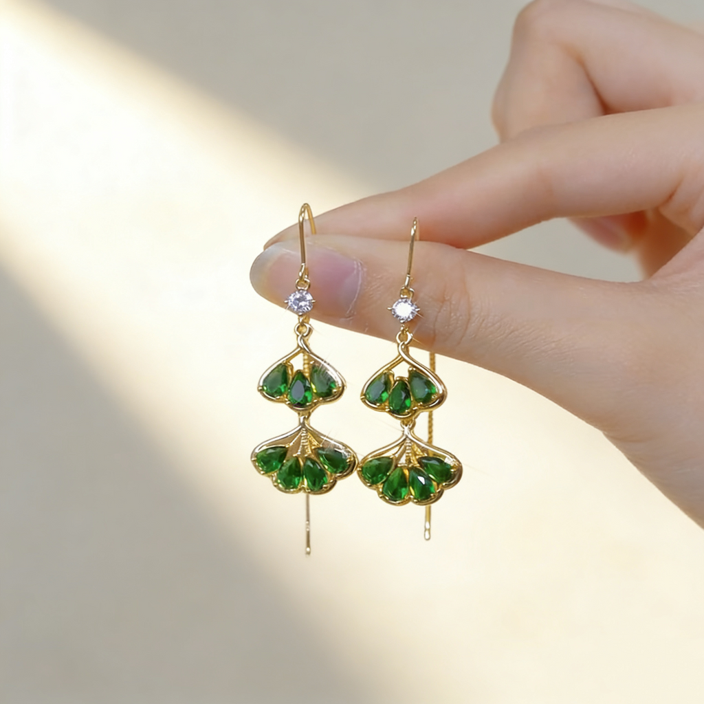 Emerald Ginkgo Leaf Tassel Earrings